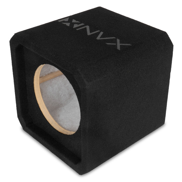 NE81S Single 8" Sealed 3/4" MDF Black Carpeted Subwoofer Enclosure – 0.45 Cu. Ft. with Poly-fil and NVX Logo