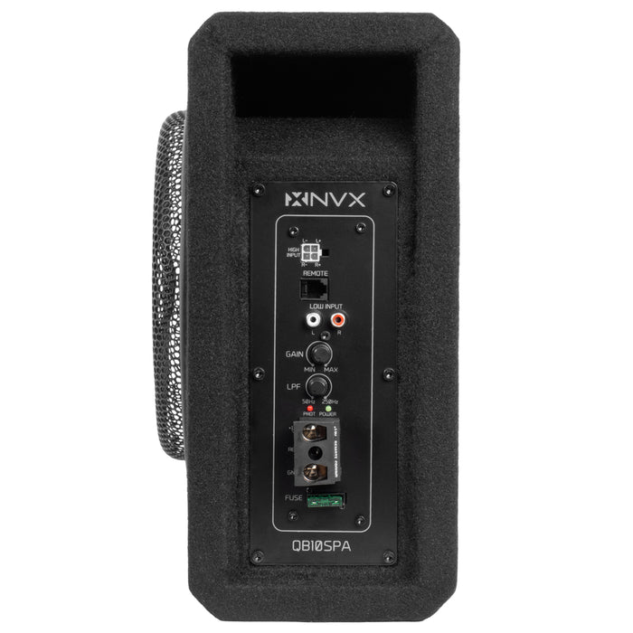 QB10SPA 1200W Peak (350W RMS) Single 10" Amplified Ported Loaded Subwoofer Enclosure with Remote Bass Knob and Amplifier Wiring Kit