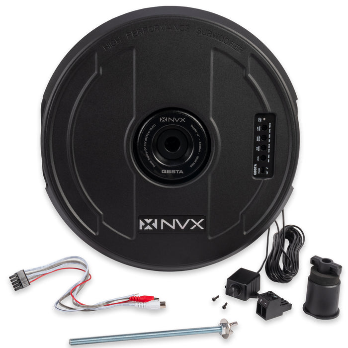 QBSTA 900W Peak (300W RMS) 11" Quick Bass Spare Tire Amplified Subwoofer System with Remote Bass Level Control and Amplifier Wiring Kit