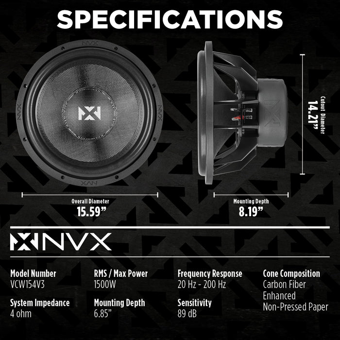 VCW154 Version 3 (VCW154v3) 3000W Peak (1500W RMS) 15" VC-Series v3 Dual 4-Ohm Subwoofer