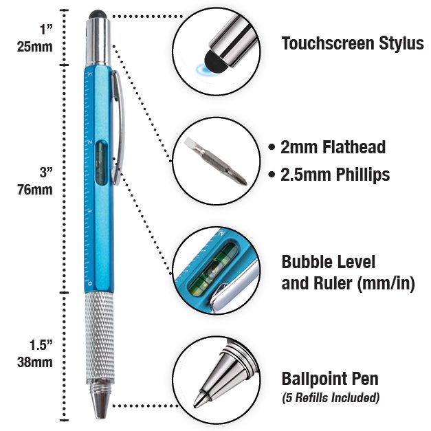 6 in 1 Multifunction Tool Pen with 5 Refills - 3 Pack Black | Blue | Silver